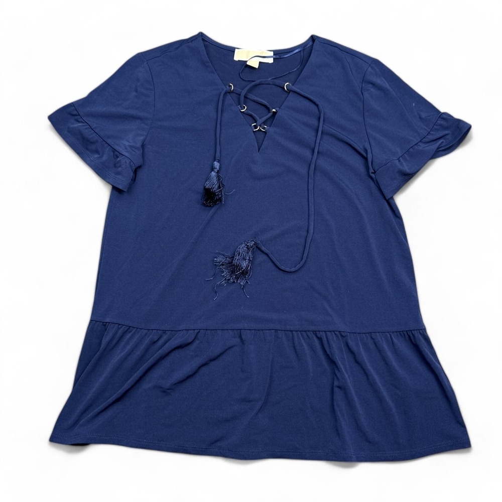 Michael Kors MK Blouse Top Womens Size Small Navy Blue Cinch Neck‎ Tasseled